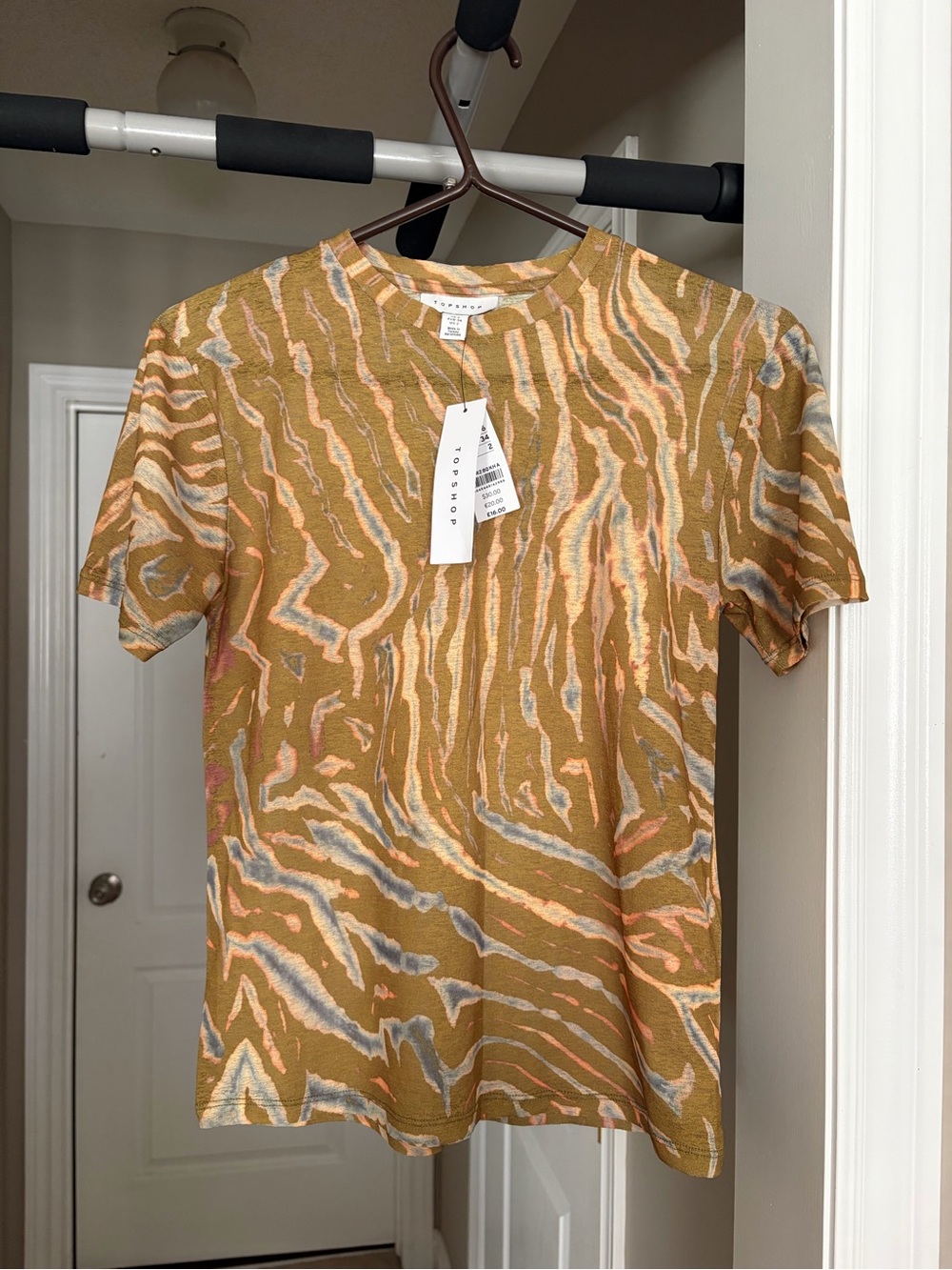 Topshop Mustard Abstract Stripe Short Sleeve Tee